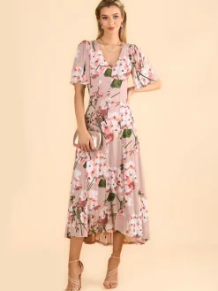 Jolie Moi Occasion Dresses|Mesh Dresses-Mabilla Floral Print Mesh Maxi Dress, Dusty Pink