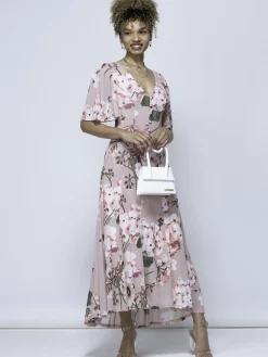 Jolie Moi Occasion Dresses|Mesh Dresses-Mabilla Floral Print Mesh Maxi Dress, Dusty Pink