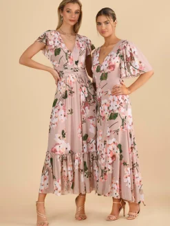 Jolie Moi Occasion Dresses|Mesh Dresses-Mabilla Floral Print Mesh Maxi Dress, Dusty Pink