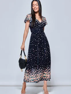 Jolie Moi Occasion Dresses|Mesh Dresses-Mably Mirror Print Maxi Mesh Dress, Navy Floral