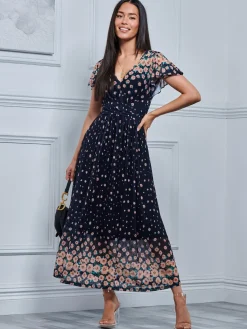 Jolie Moi Occasion Dresses|Mesh Dresses-Mably Mirror Print Maxi Mesh Dress, Navy Floral