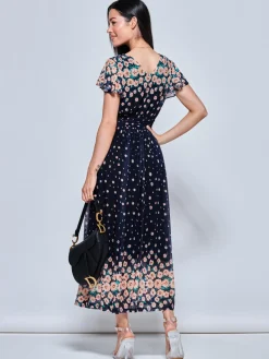 Jolie Moi Occasion Dresses|Mesh Dresses-Mably Mirror Print Maxi Mesh Dress, Navy Floral