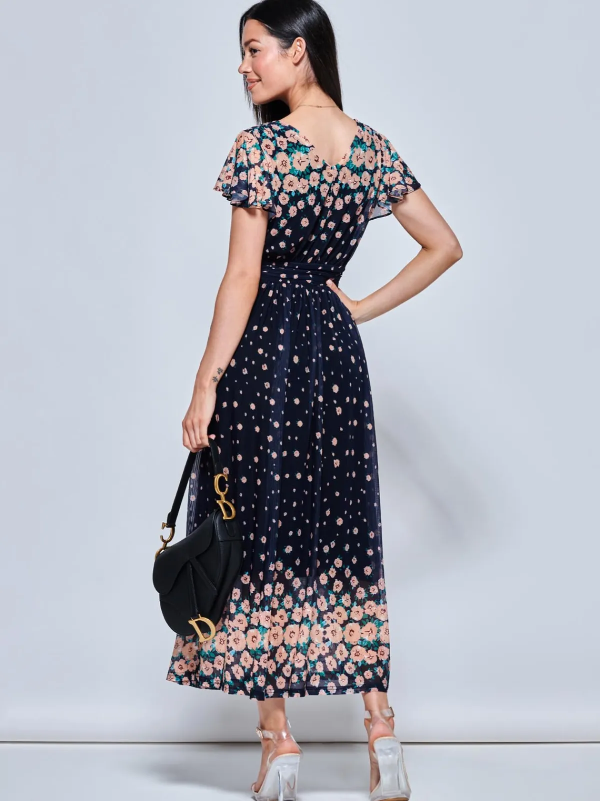 Jolie Moi Occasion Dresses|Mesh Dresses-Mably Mirror Print Maxi Mesh Dress, Navy Floral