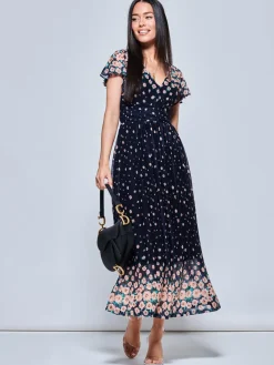 Jolie Moi Occasion Dresses|Mesh Dresses-Mably Mirror Print Maxi Mesh Dress, Navy Floral