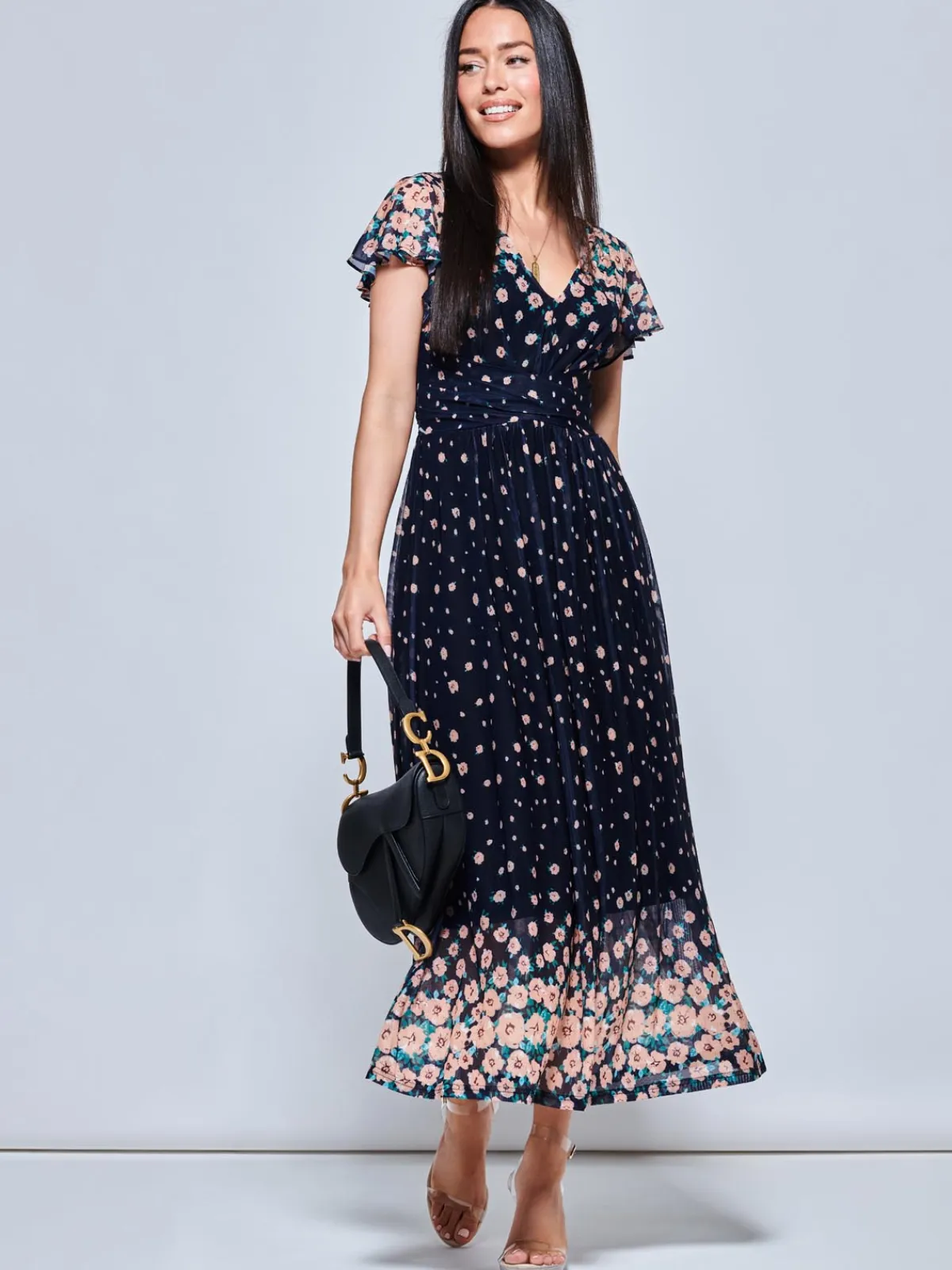 Jolie Moi Occasion Dresses|Mesh Dresses-Mably Mirror Print Maxi Mesh Dress, Navy Floral