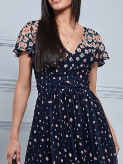 Jolie Moi Occasion Dresses|Mesh Dresses-Mably Mirror Print Maxi Mesh Dress, Navy Floral