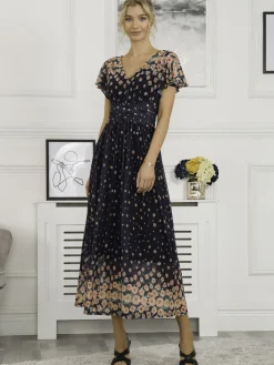 Jolie Moi Occasion Dresses|Mesh Dresses-Mably Mirror Print Maxi Mesh Dress, Navy Floral
