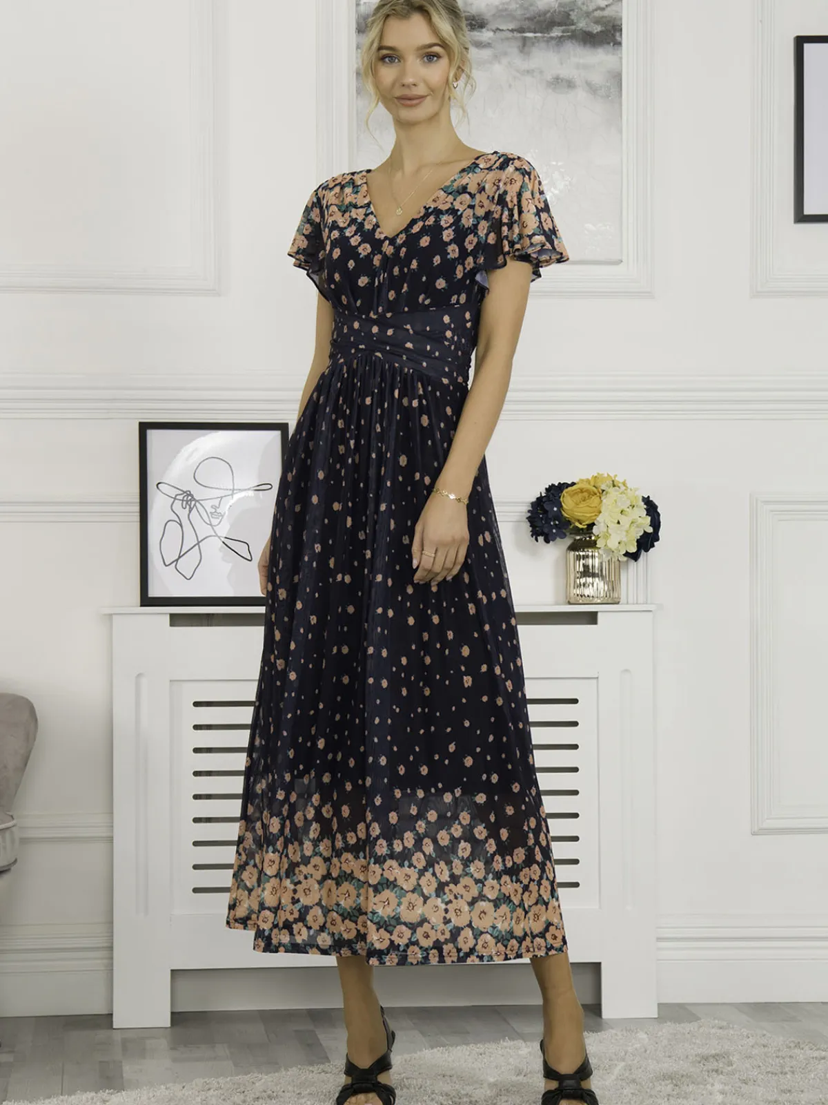 Jolie Moi Occasion Dresses|Mesh Dresses-Mably Mirror Print Maxi Mesh Dress, Navy Floral