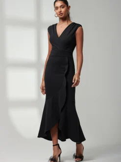 Jolie Moi Occasion Dresses|Sleeveless Dresses-Mabruka Frill Fishtail Maxi Dress, Black