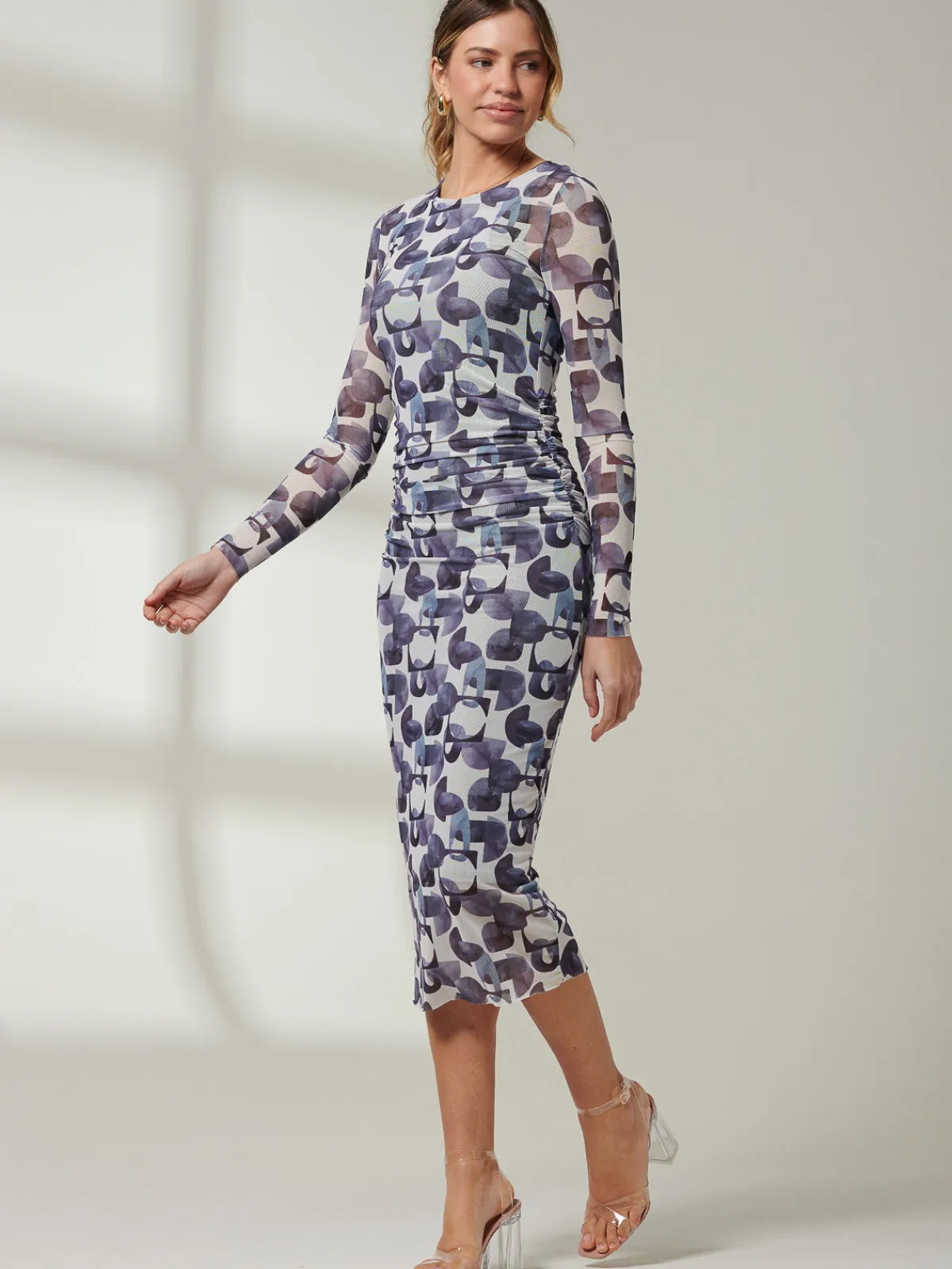 Jolie Moi Occasion Dresses|Weekend Casuals-Mabyn Mesh Long Sleeve Midaxi Dress, Black Geo