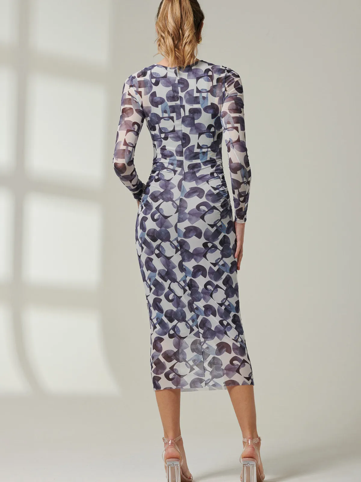Jolie Moi Occasion Dresses|Weekend Casuals-Mabyn Mesh Long Sleeve Midaxi Dress, Black Geo