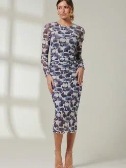 Jolie Moi Occasion Dresses|Weekend Casuals-Mabyn Mesh Long Sleeve Midaxi Dress, Black Geo