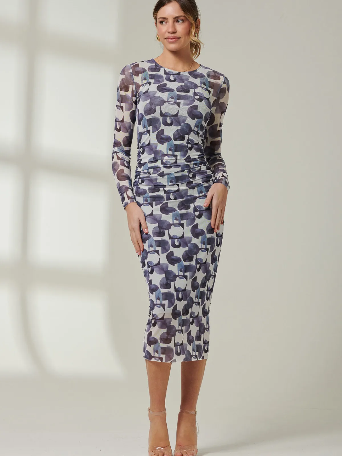 Jolie Moi Occasion Dresses|Weekend Casuals-Mabyn Mesh Long Sleeve Midaxi Dress, Black Geo