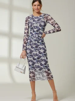 Jolie Moi Occasion Dresses|Weekend Casuals-Mabyn Mesh Long Sleeve Midaxi Dress, Black Geo