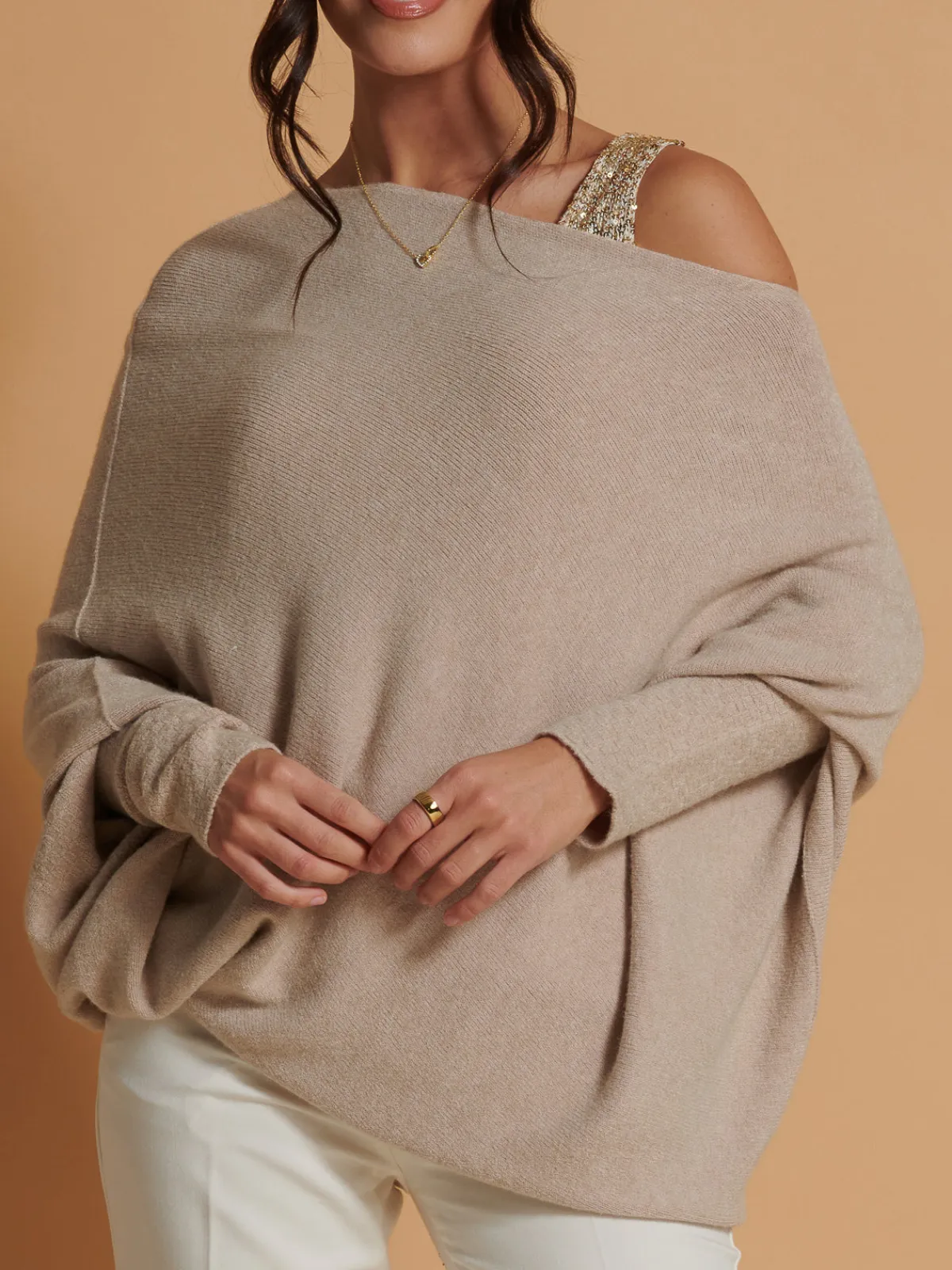 Jolie Moi Knitted Jumpers-Made in Italy Asymmetric Draped Knit Jumper, Beige