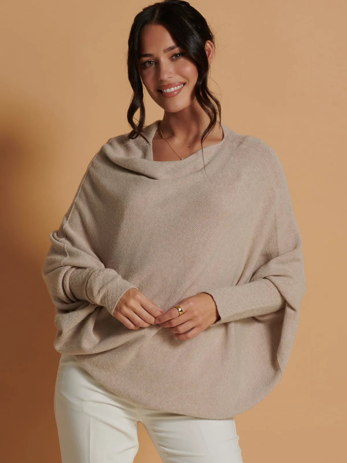 Jolie Moi Knitted Jumpers-Made in Italy Asymmetric Draped Knit Jumper, Beige
