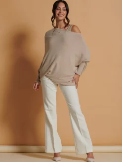 Jolie Moi Knitted Jumpers-Made in Italy Asymmetric Draped Knit Jumper, Beige
