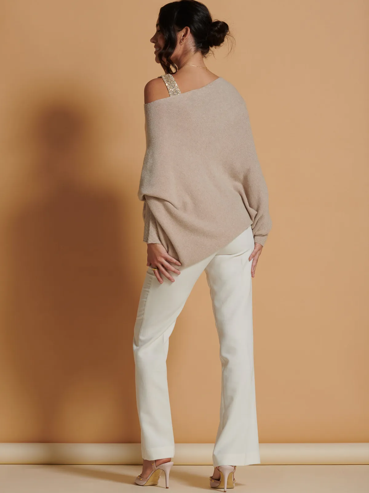 Jolie Moi Knitted Jumpers-Made in Italy Asymmetric Draped Knit Jumper, Beige