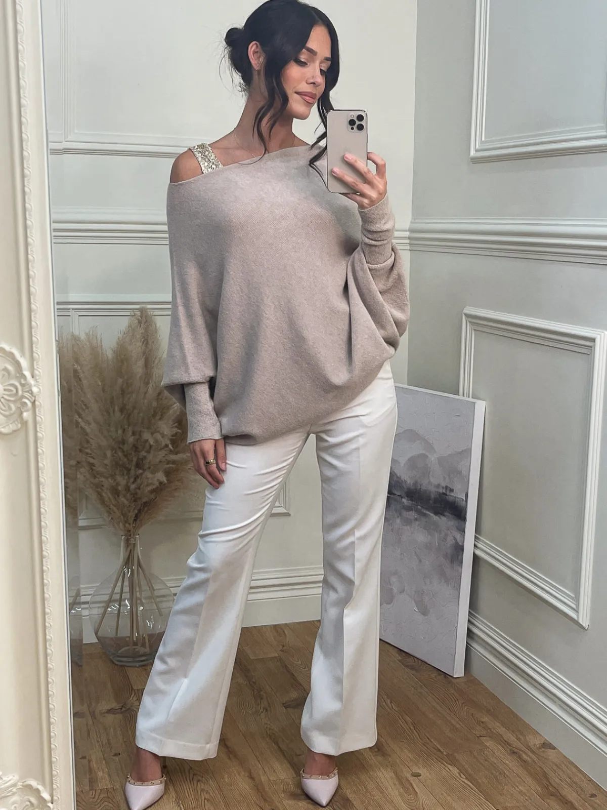Jolie Moi Knitted Jumpers-Made in Italy Asymmetric Draped Knit Jumper, Beige