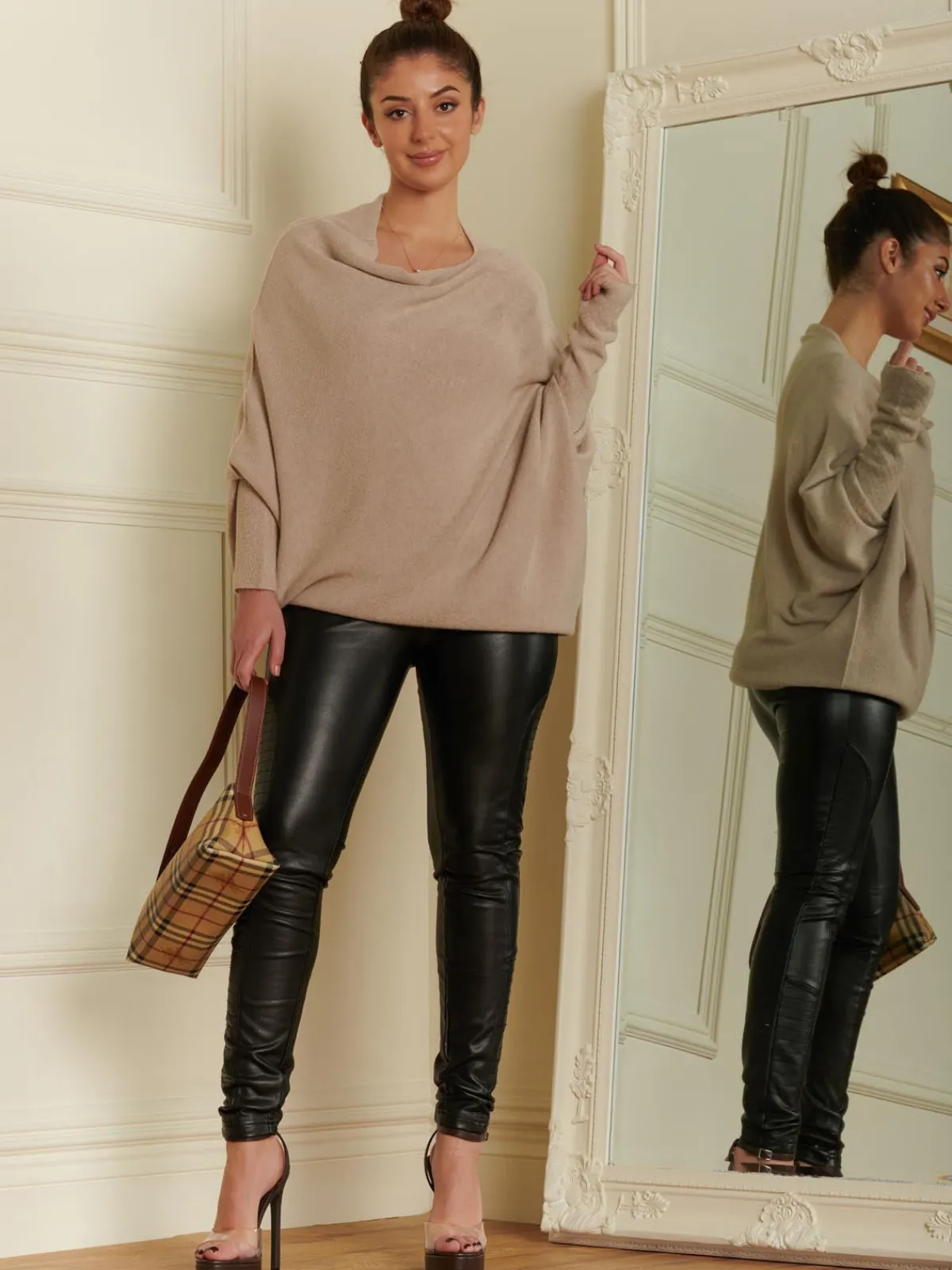 Jolie Moi Knitted Jumpers-Made in Italy Asymmetric Draped Knit Jumper, Beige