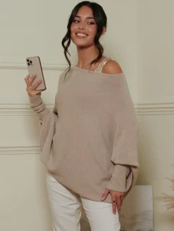 Jolie Moi Knitted Jumpers-Made in Italy Asymmetric Draped Knit Jumper, Beige