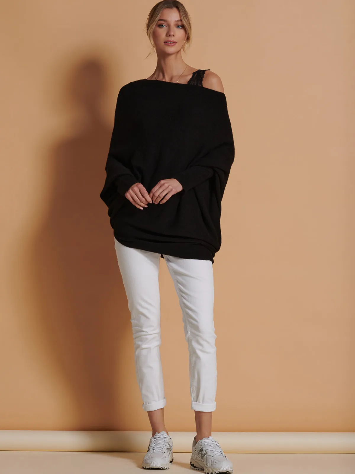 Jolie Moi Knitted Jumpers-Made in Italy Asymmetric Draped Knit Jumper, Black