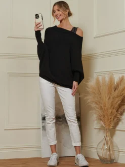 Jolie Moi Knitted Jumpers-Made in Italy Asymmetric Draped Knit Jumper, Black