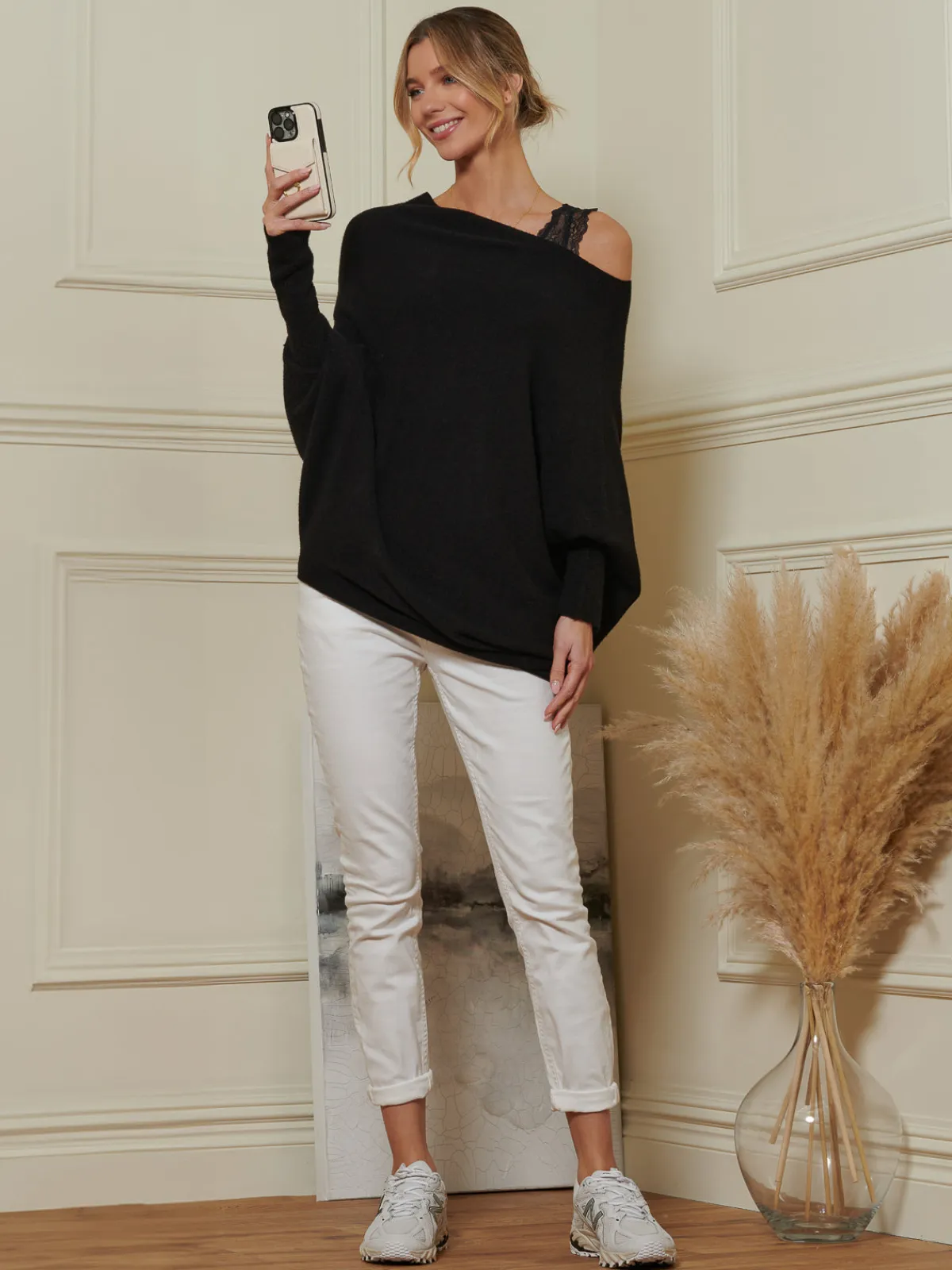Jolie Moi Knitted Jumpers-Made in Italy Asymmetric Draped Knit Jumper, Black