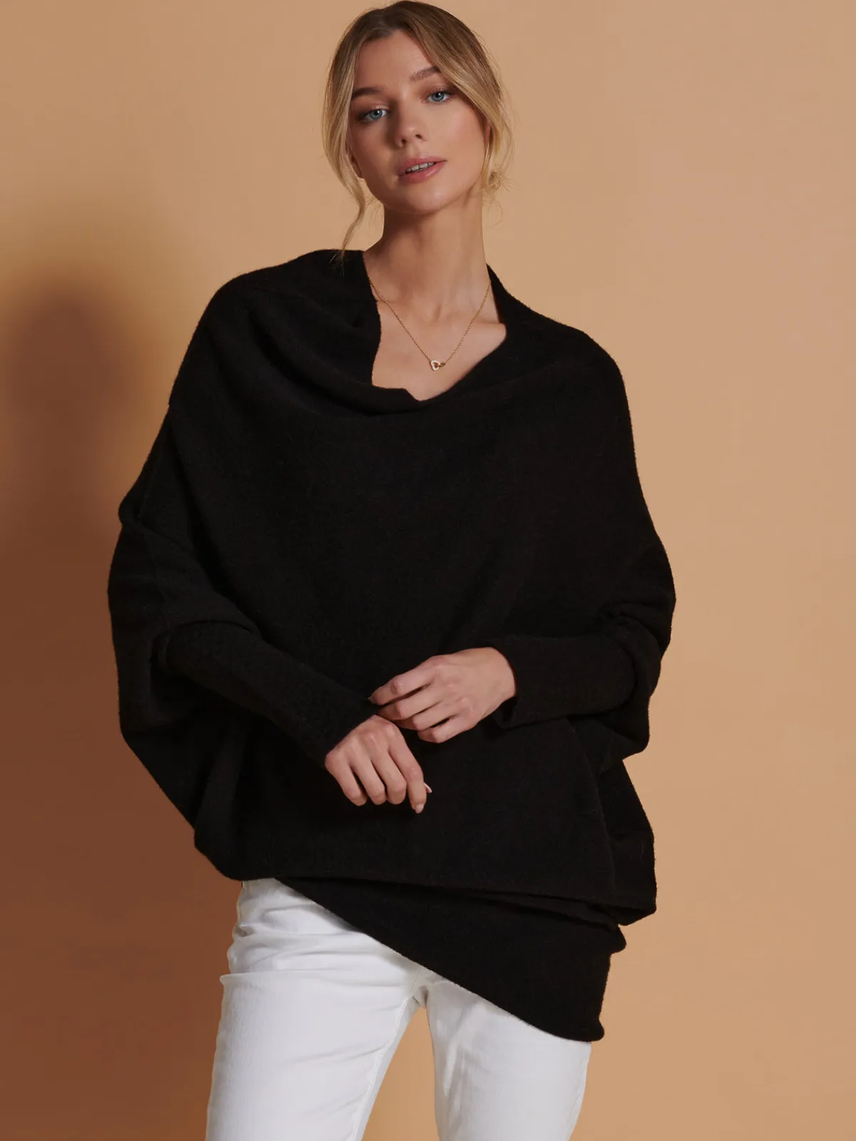 Jolie Moi Knitted Jumpers-Made in Italy Asymmetric Draped Knit Jumper, Black