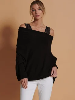 Jolie Moi Knitted Jumpers-Made in Italy Asymmetric Draped Knit Jumper, Black