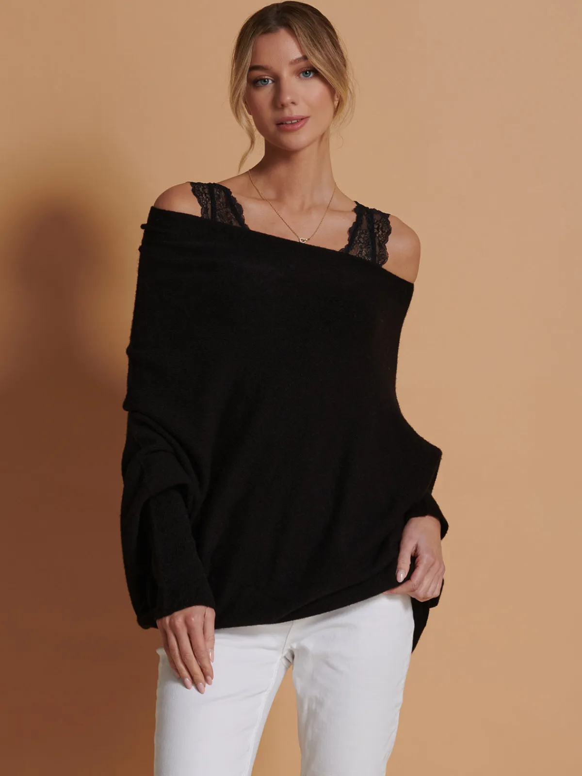 Jolie Moi Knitted Jumpers-Made in Italy Asymmetric Draped Knit Jumper, Black