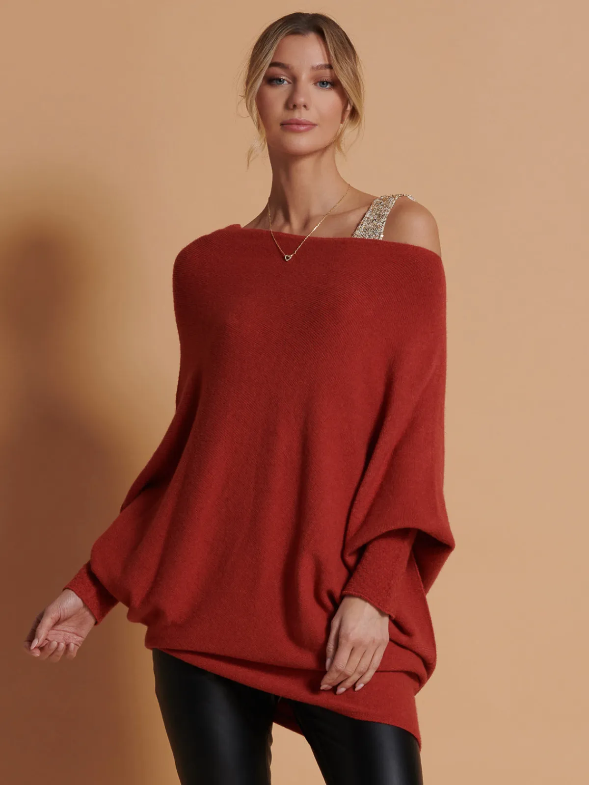 Jolie Moi Knitted Jumpers-Made in Italy Asymmetric Draped Knit Jumper, Brick Red