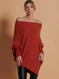 Jolie Moi Knitted Jumpers-Made in Italy Asymmetric Draped Knit Jumper, Brick Red