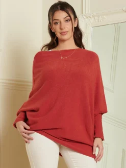 Jolie Moi Knitted Jumpers-Made in Italy Asymmetric Draped Knit Jumper, Brick Red