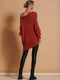 Jolie Moi Knitted Jumpers-Made in Italy Asymmetric Draped Knit Jumper, Brick Red