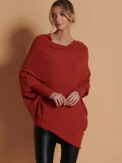 Jolie Moi Knitted Jumpers-Made in Italy Asymmetric Draped Knit Jumper, Brick Red