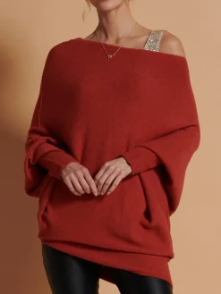 Jolie Moi Knitted Jumpers-Made in Italy Asymmetric Draped Knit Jumper, Brick Red