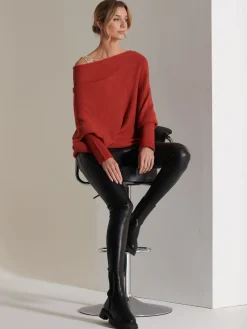 Jolie Moi Knitted Jumpers-Made in Italy Asymmetric Draped Knit Jumper, Brick Red