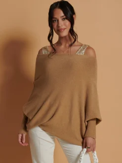 Jolie Moi Knitted Jumpers-Made in Italy Asymmetric Draped Knit Jumper, Camel