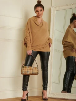 Jolie Moi Knitted Jumpers-Made in Italy Asymmetric Draped Knit Jumper, Camel