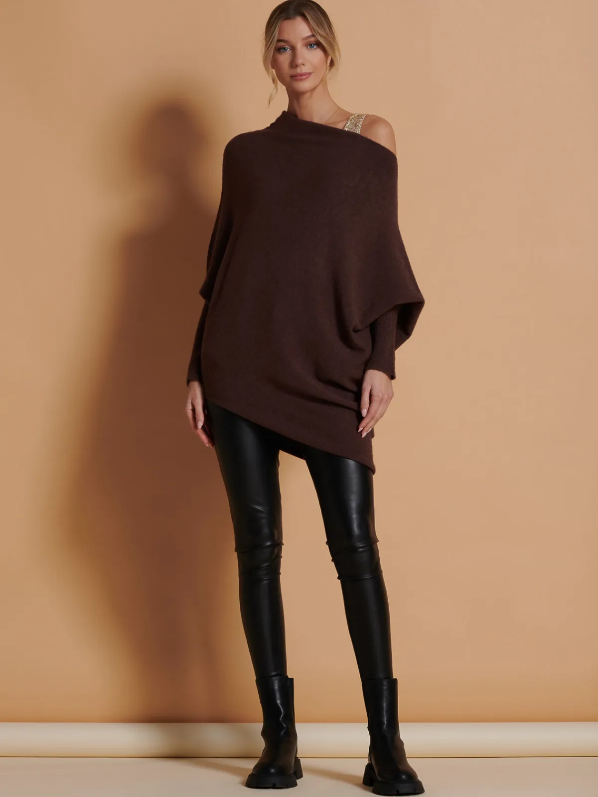 Jolie Moi Knitted Jumpers-Made in Italy Asymmetric Draped Knit Jumper, Chocolate