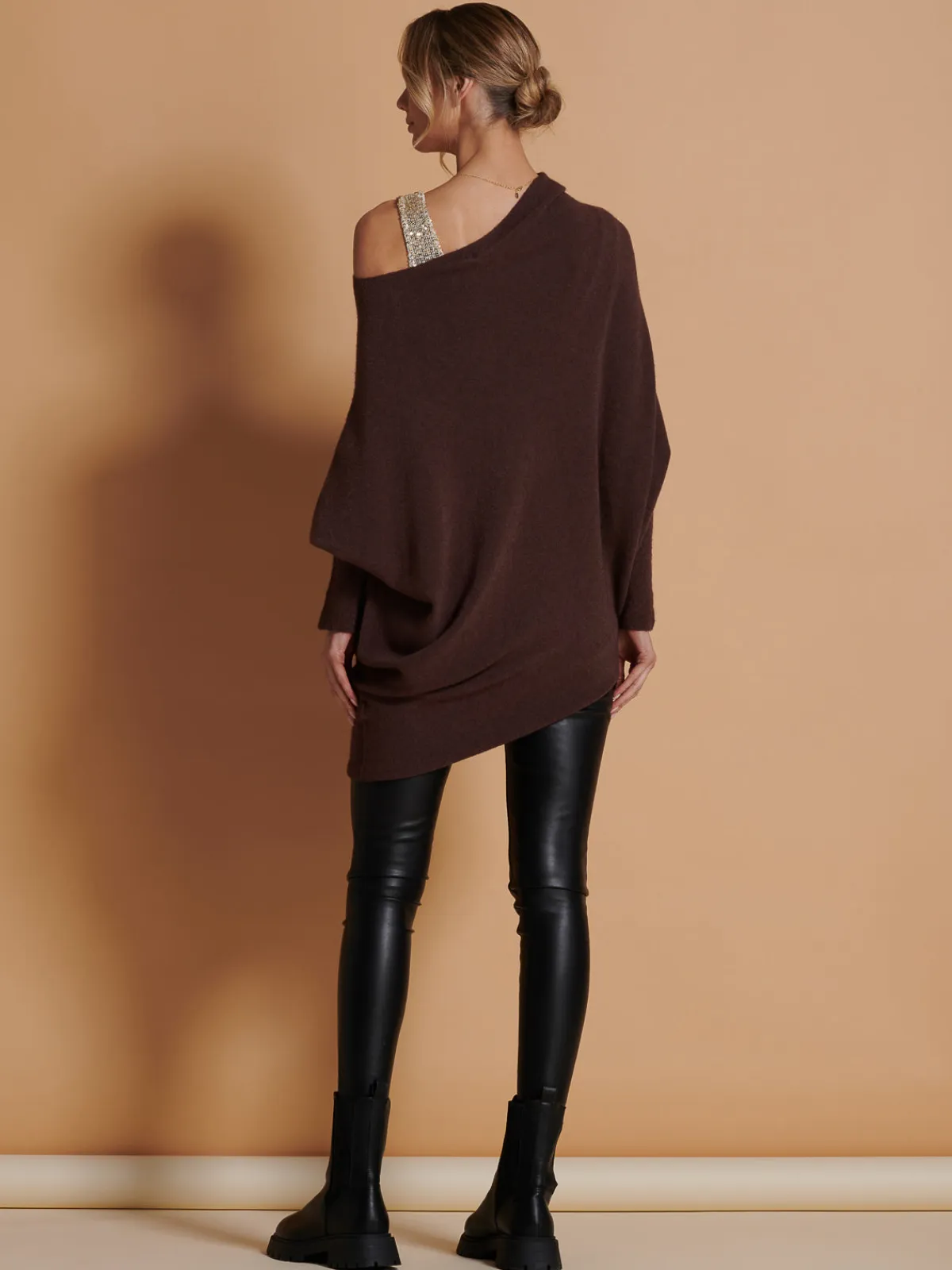 Jolie Moi Knitted Jumpers-Made in Italy Asymmetric Draped Knit Jumper, Chocolate
