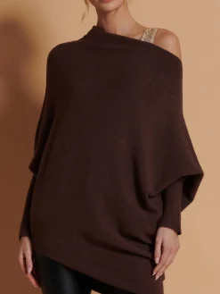 Jolie Moi Knitted Jumpers-Made in Italy Asymmetric Draped Knit Jumper, Chocolate