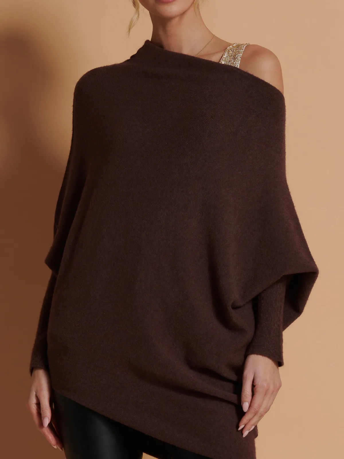 Jolie Moi Knitted Jumpers-Made in Italy Asymmetric Draped Knit Jumper, Chocolate