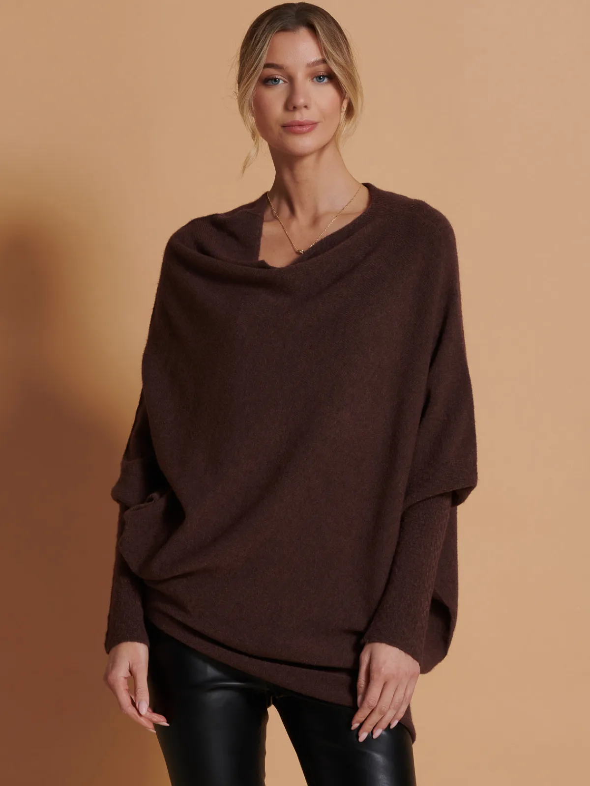 Jolie Moi Knitted Jumpers-Made in Italy Asymmetric Draped Knit Jumper, Chocolate