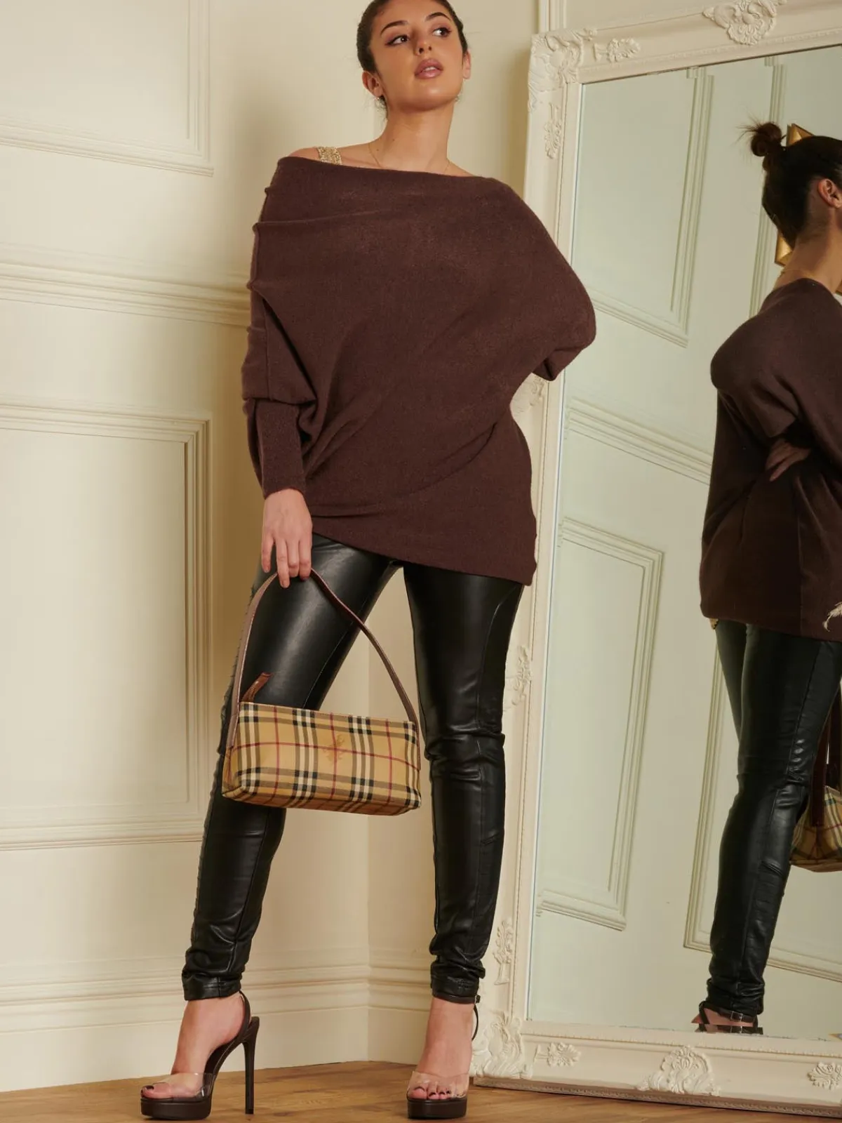 Jolie Moi Knitted Jumpers-Made in Italy Asymmetric Draped Knit Jumper, Chocolate