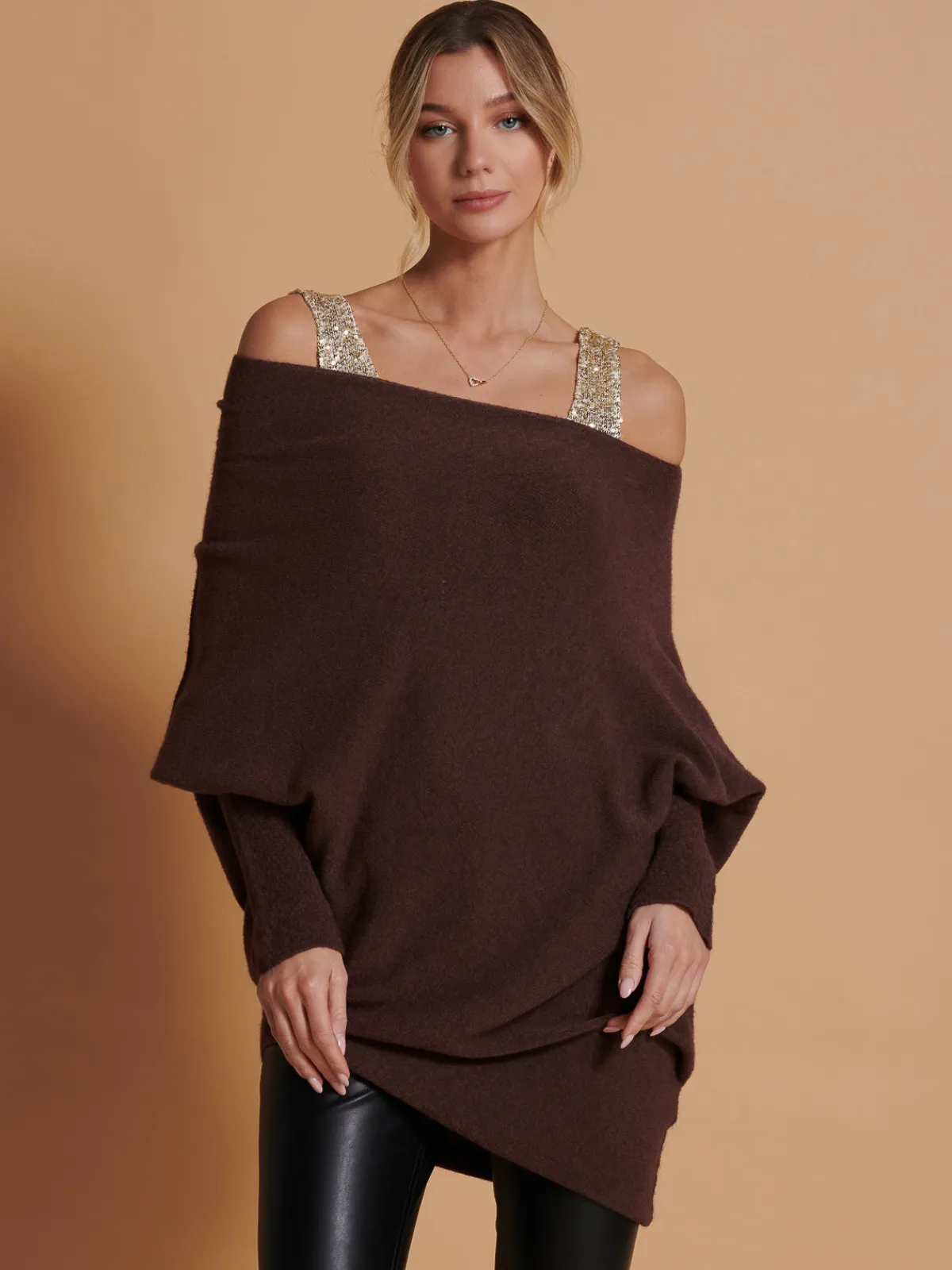Jolie Moi Knitted Jumpers-Made in Italy Asymmetric Draped Knit Jumper, Chocolate