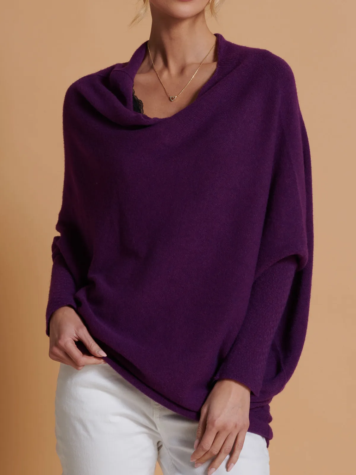 Jolie Moi Knitted Jumpers-Made in Italy Asymmetric Draped Knit Jumper, Dark Purple