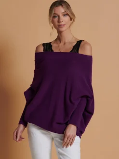 Jolie Moi Knitted Jumpers-Made in Italy Asymmetric Draped Knit Jumper, Dark Purple