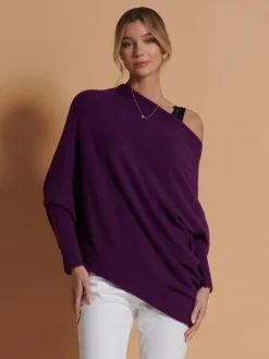 Jolie Moi Knitted Jumpers-Made in Italy Asymmetric Draped Knit Jumper, Dark Purple